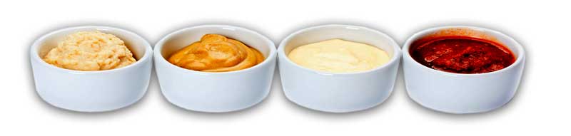 Row of O'Betty's dipping sauce cups behind the counter
